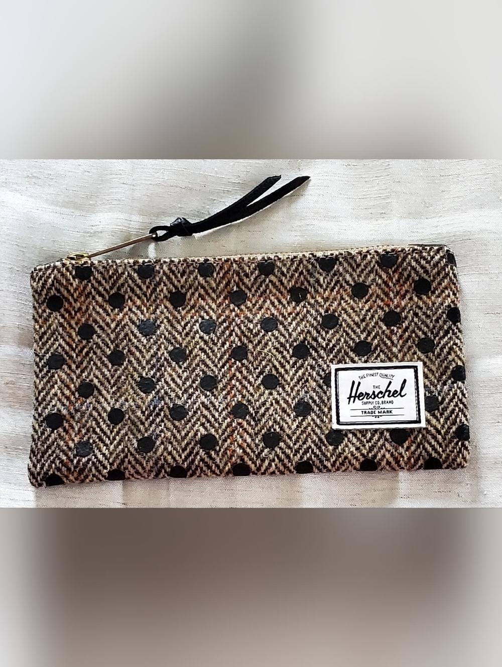 Herschel Supply Company Brown Wool Tweed Pouch with Black Polka Dot Accents